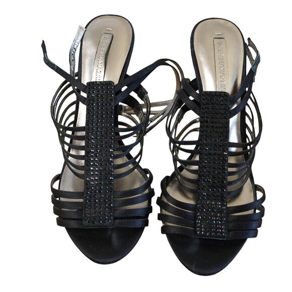 BCBG MAXAZRIA KARA Black Open Toe Strap Stiletto Heels - Size 8.5 - Rhinestone S - Picture 1 of 9